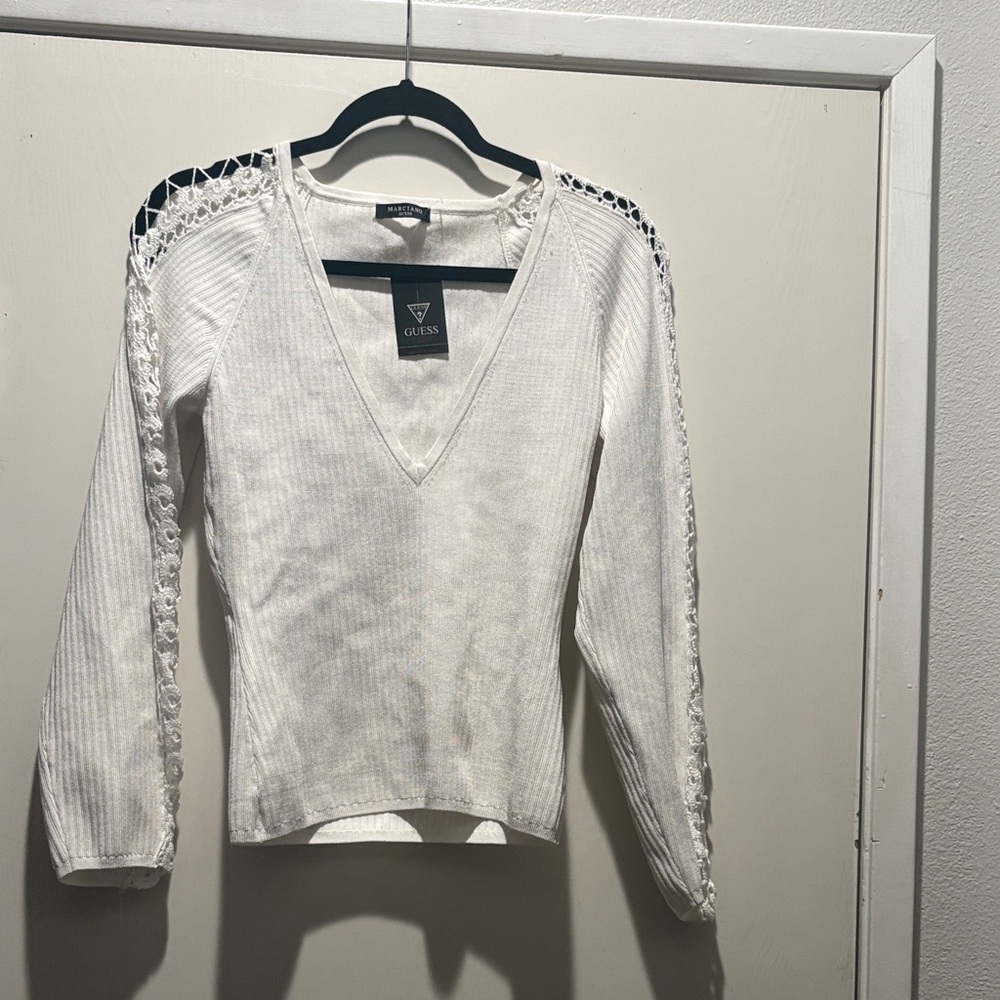 Marciano  Ivory V-Neck Sweater with Lace Accents